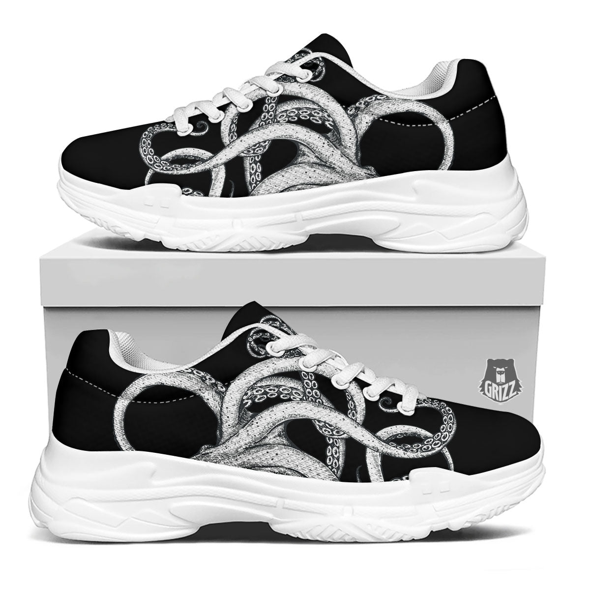Octopus Tentacles White And Black Print White Chunky Shoes-grizzshop