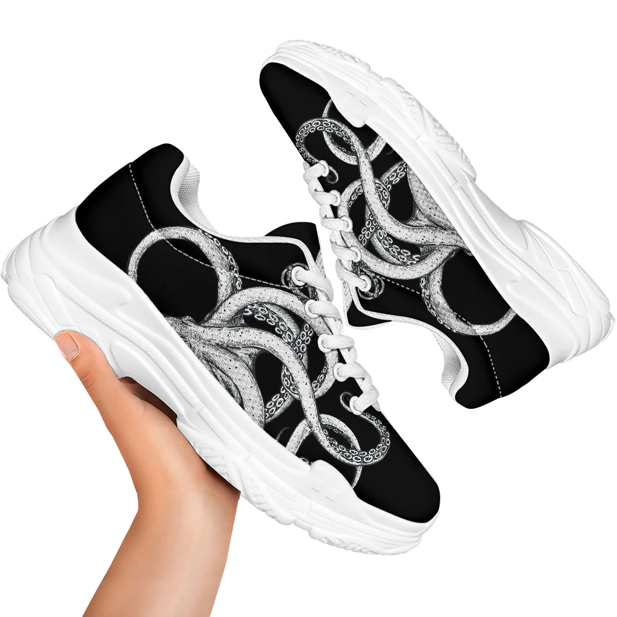 Octopus Tentacles White And Black Print White Chunky Shoes-grizzshop