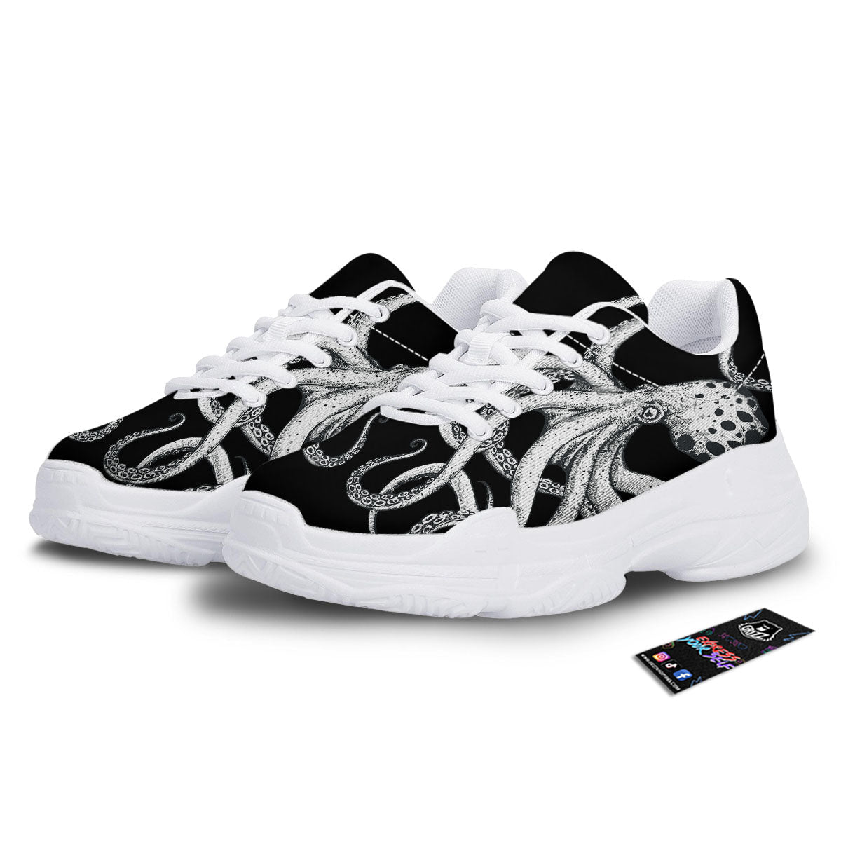 Octopus Tentacles White And Black Print White Chunky Shoes-grizzshop
