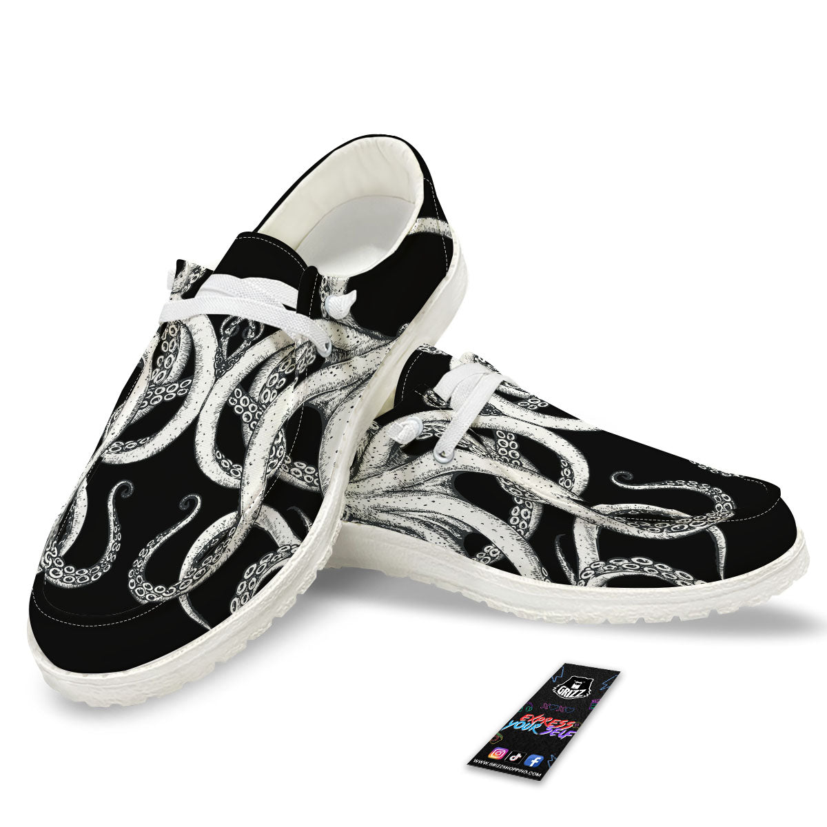 Octopus Tentacles White And Black Print White Loafers-grizzshop