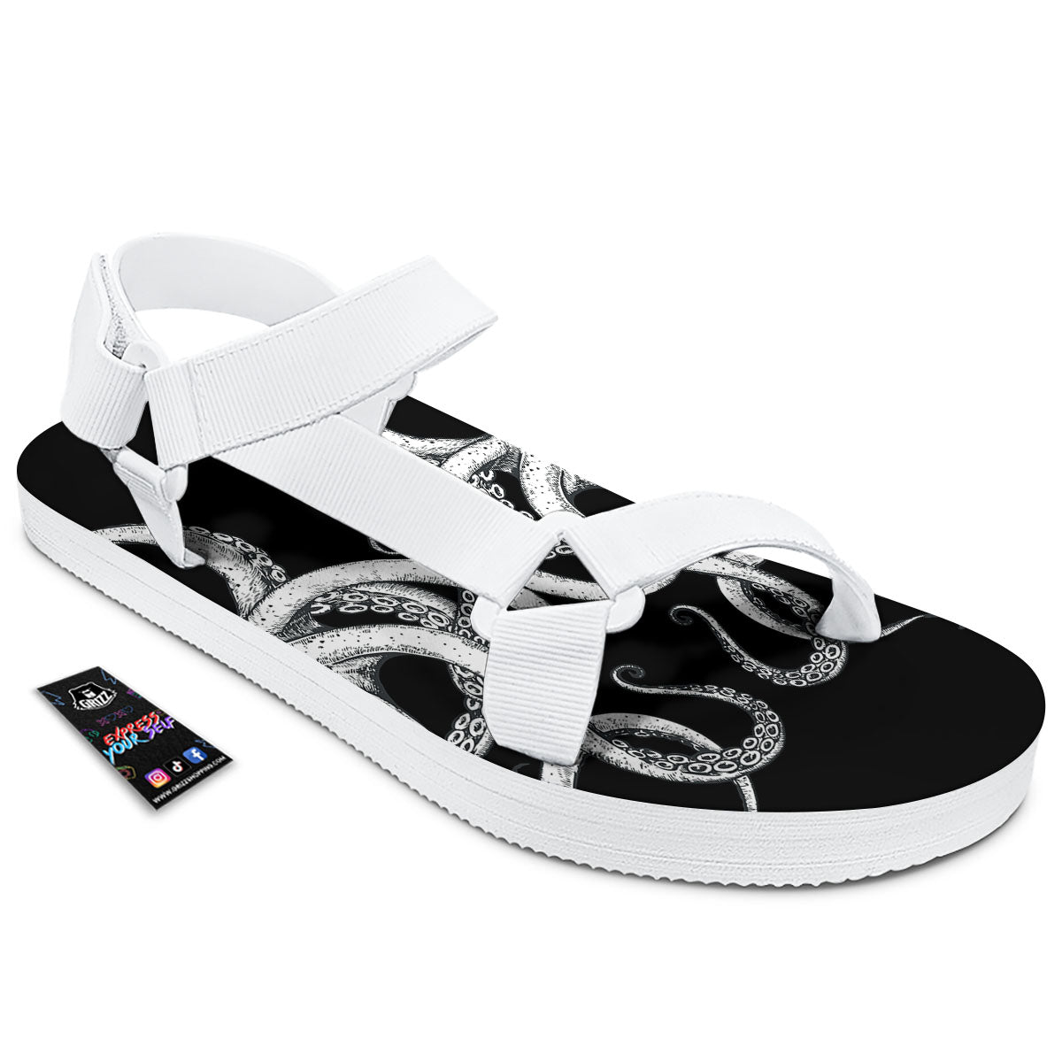 Octopus Tentacles White And Black Print White Open Toe Sandals-grizzshop