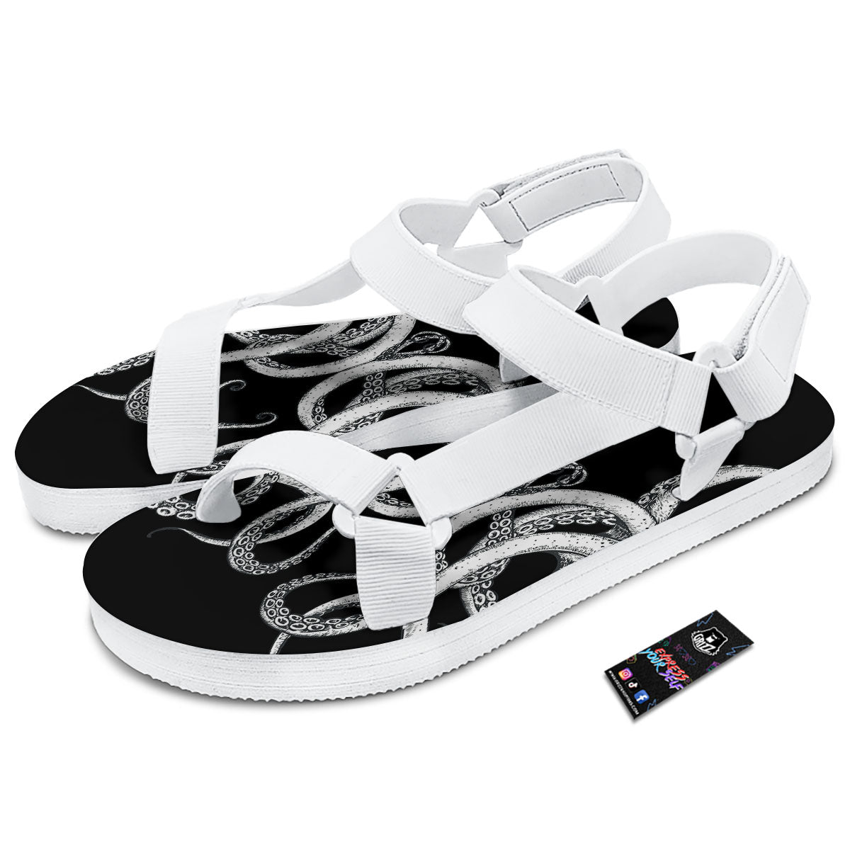 Octopus Tentacles White And Black Print White Open Toe Sandals-grizzshop
