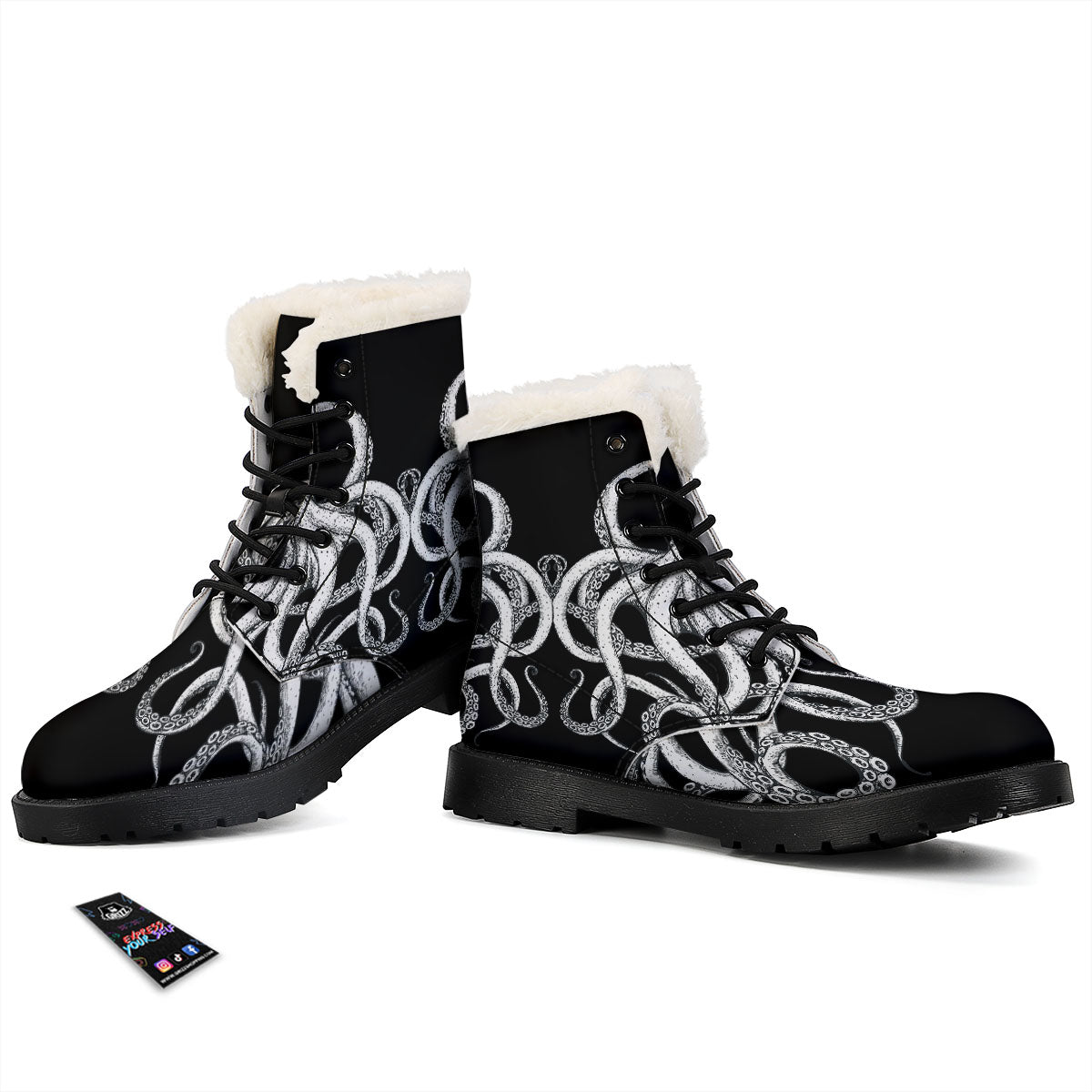 Octopus Tentacles White And Black Print Winter Boots-grizzshop