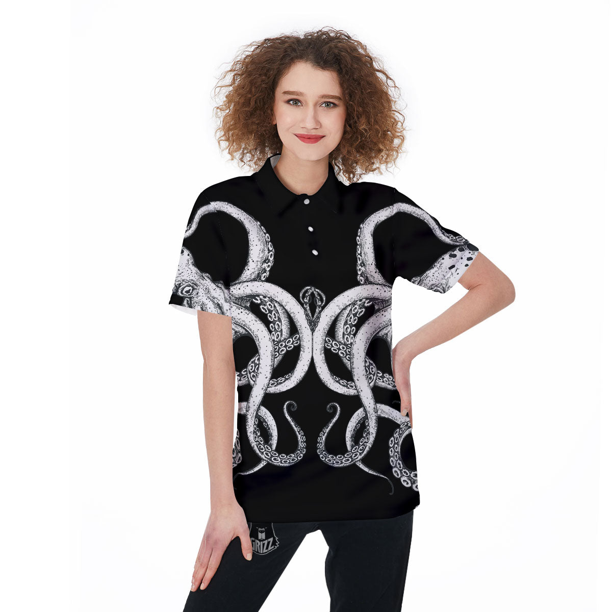 Octopus Tentacles White And Black Print Women's Golf Shirts-grizzshop