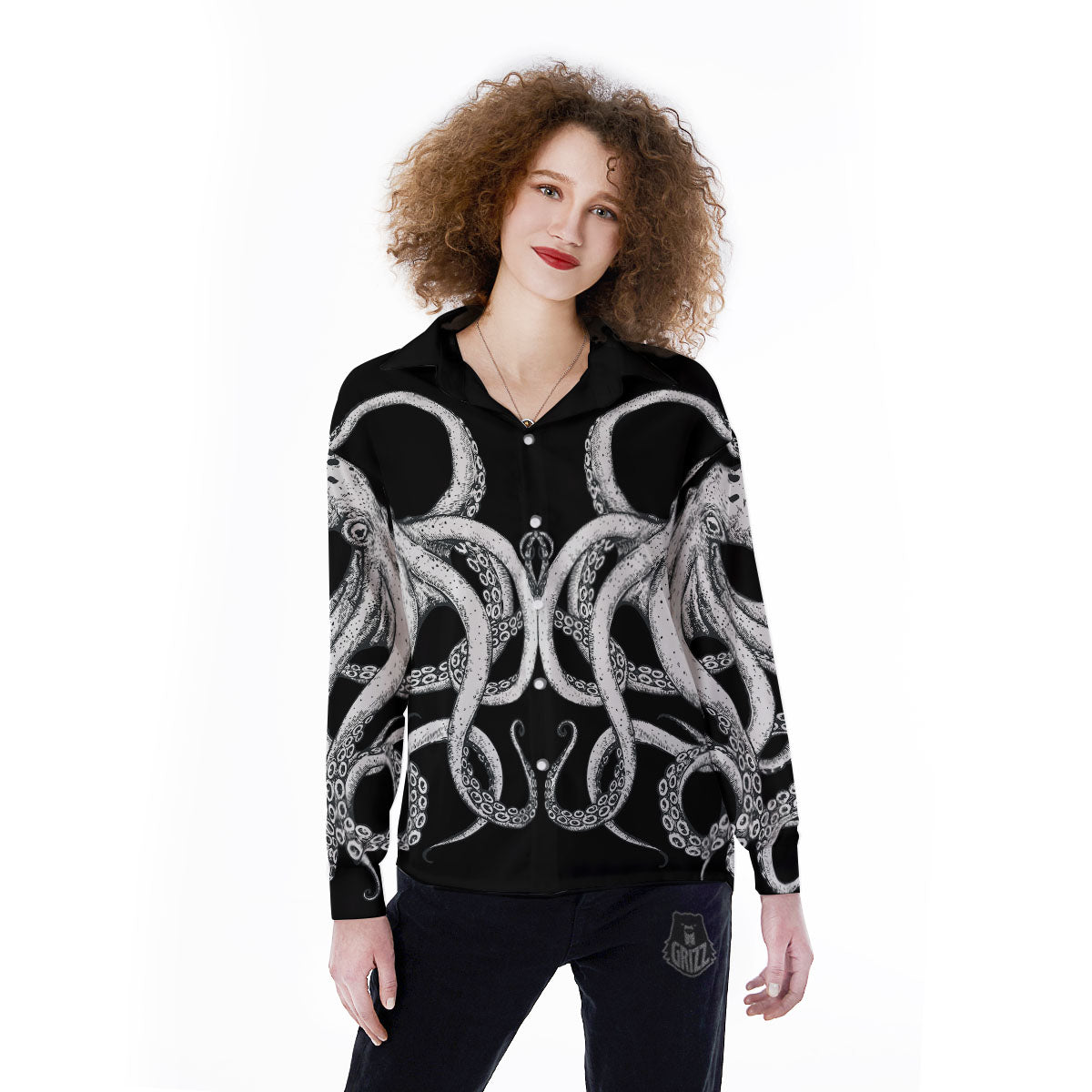 Octopus Tentacles White And Black Print Women's Long Sleeve Shirts-grizzshop