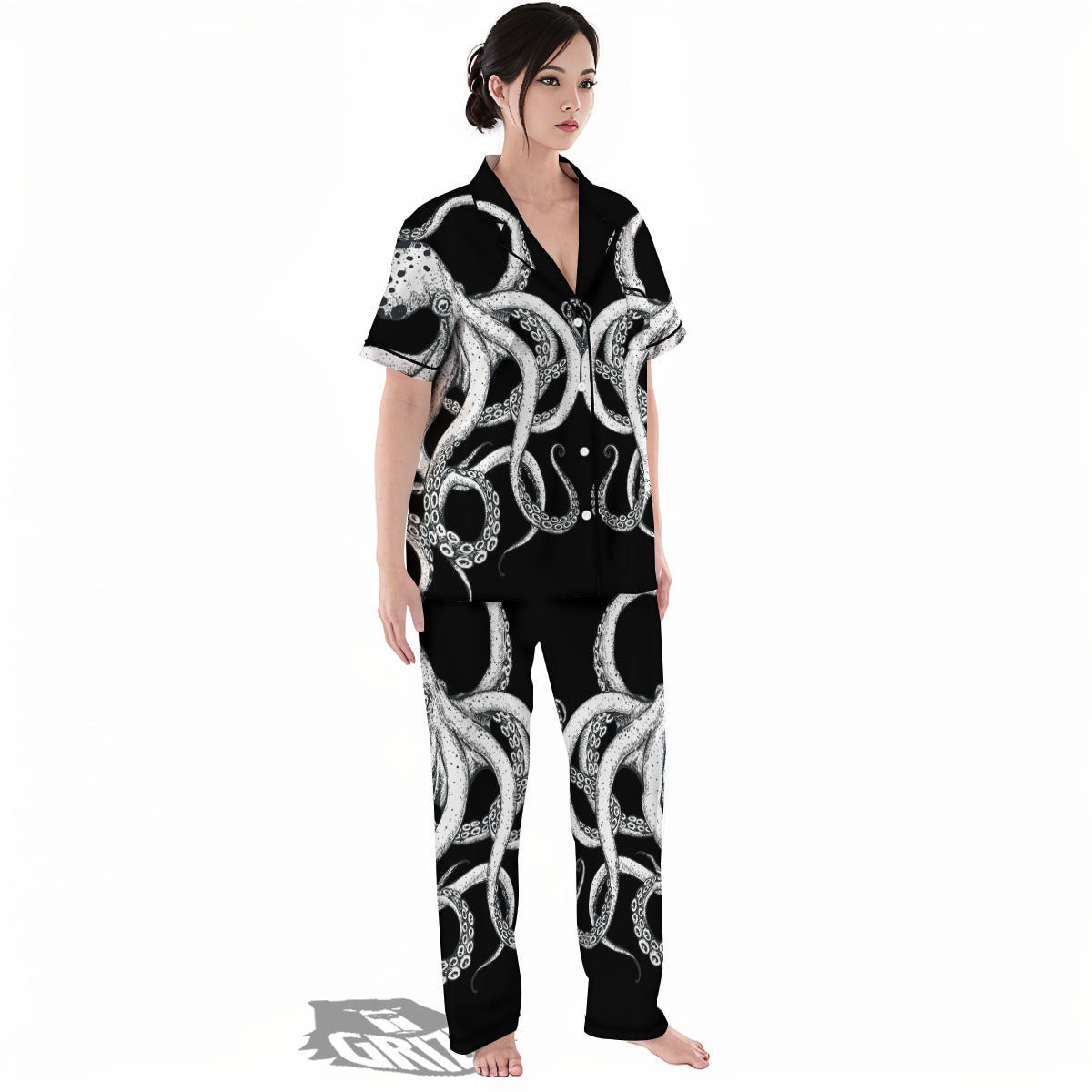 Octopus Tentacles White And Black Print Women's Pajamas Set-grizzshop
