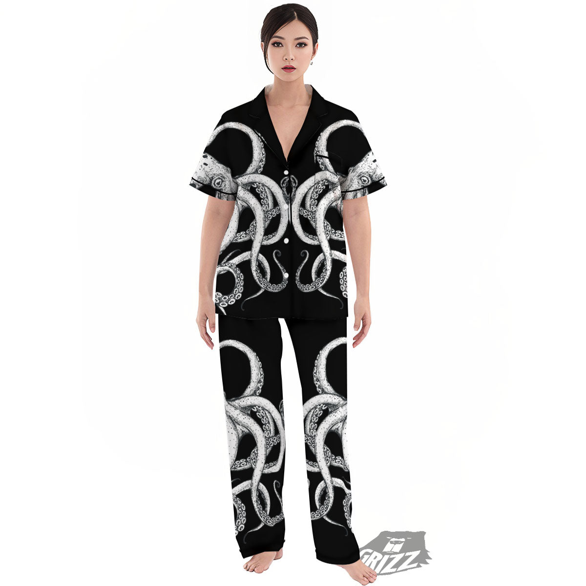 Octopus Tentacles White And Black Print Women's Pajamas Set-grizzshop