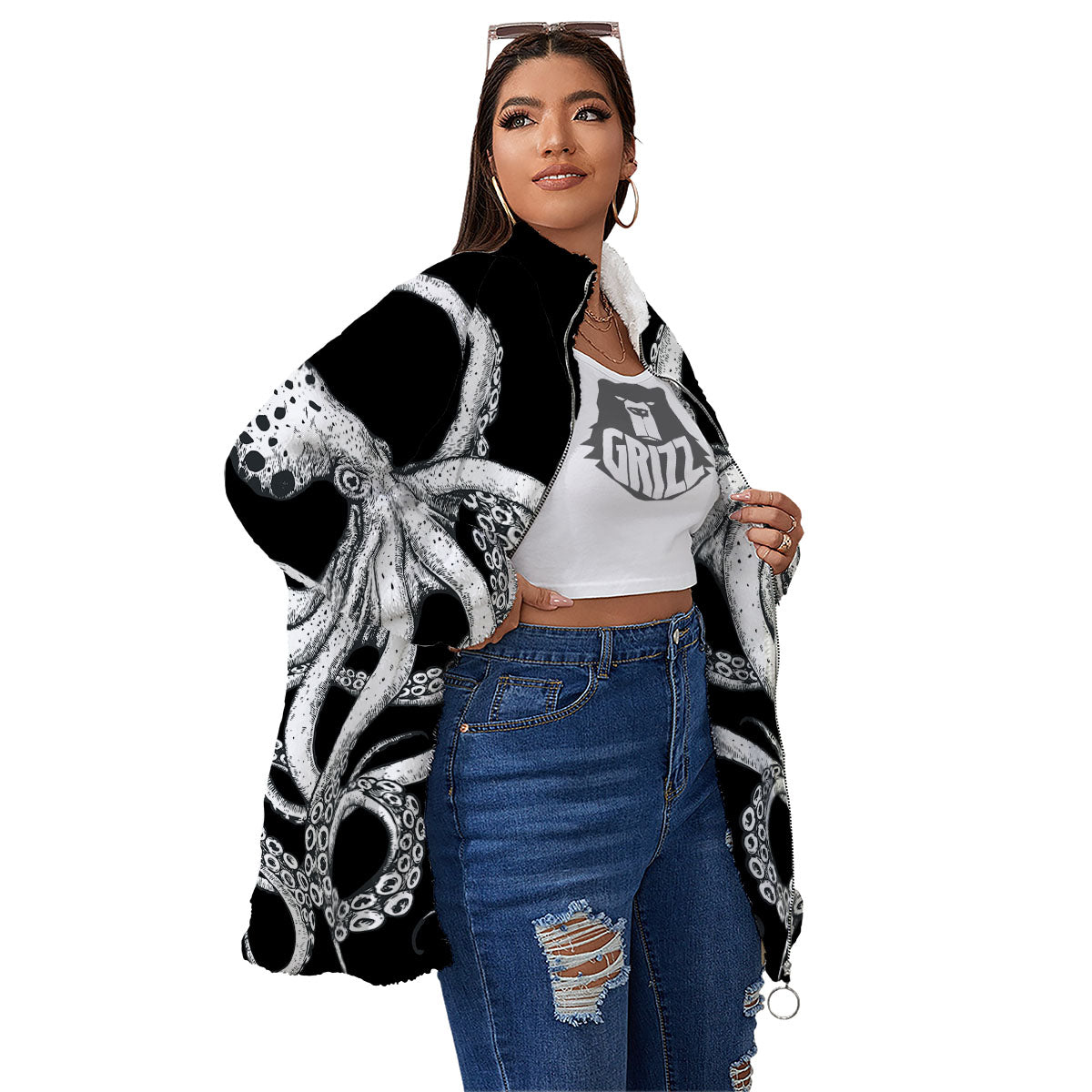Octopus Tentacles White And Black Print Women's Sherpa Jacket-grizzshop