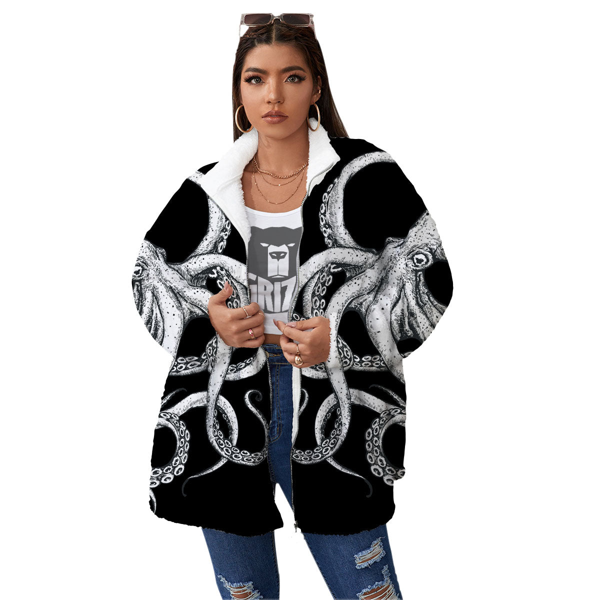 Octopus Tentacles White And Black Print Women's Sherpa Jacket-grizzshop