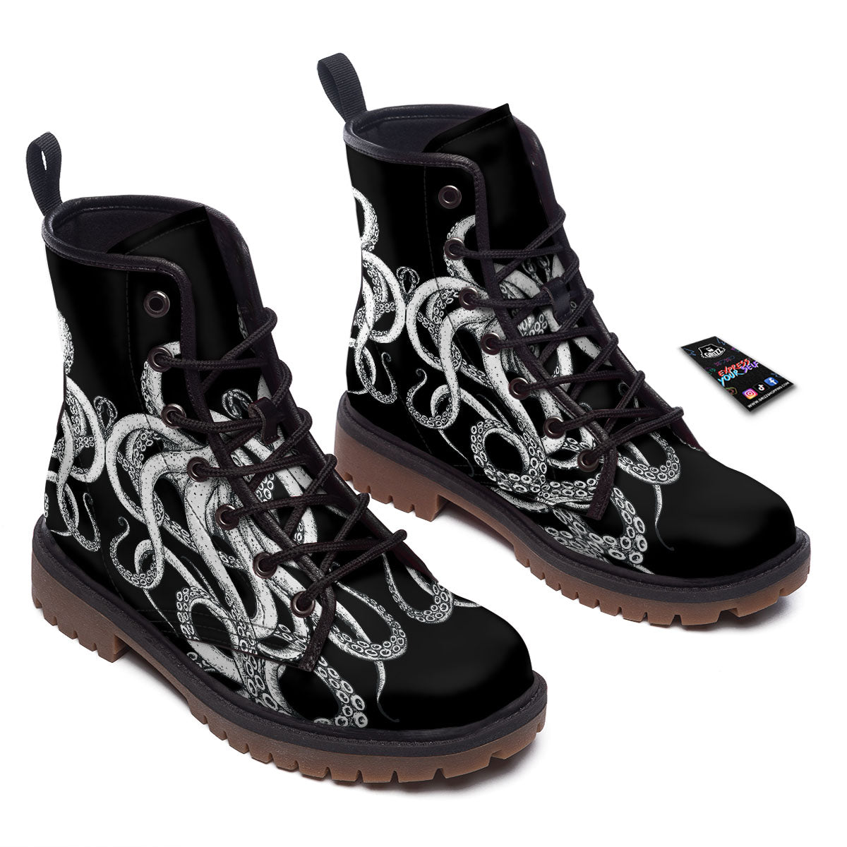 Octopus Tentacles White And Black Print Work Boots-grizzshop