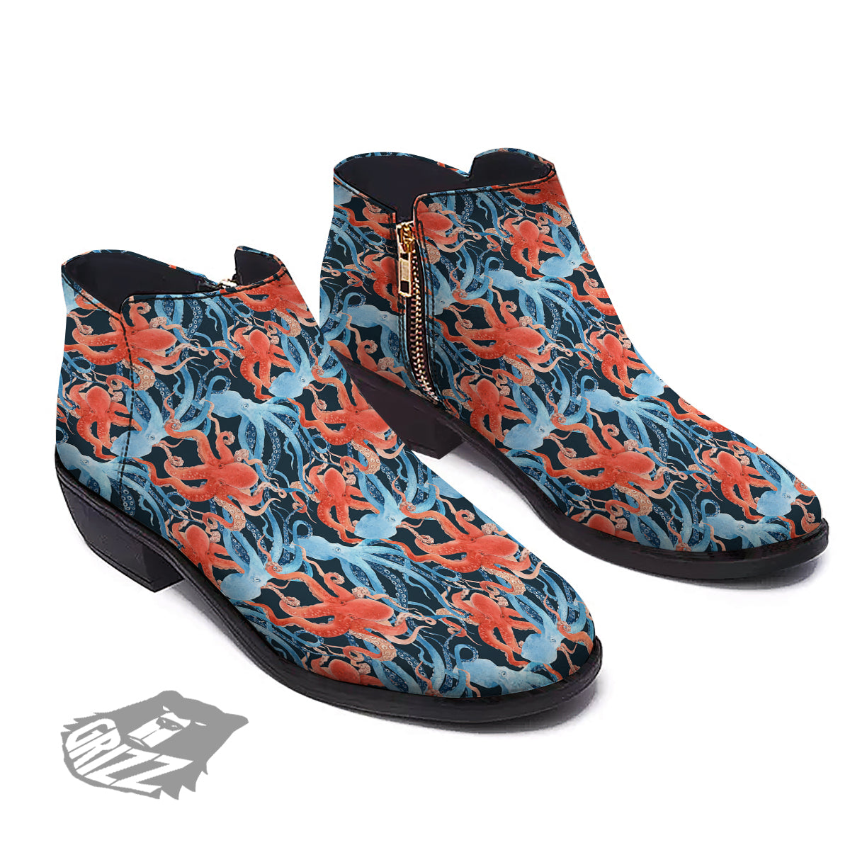 Octopus Watercolor Print Pattern Ankle Boots-grizzshop