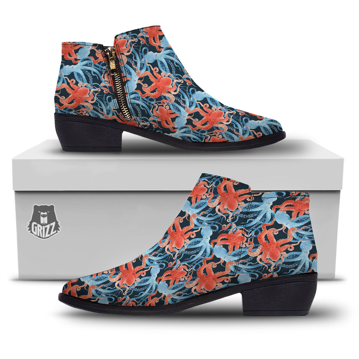 Octopus Watercolor Print Pattern Ankle Boots-grizzshop
