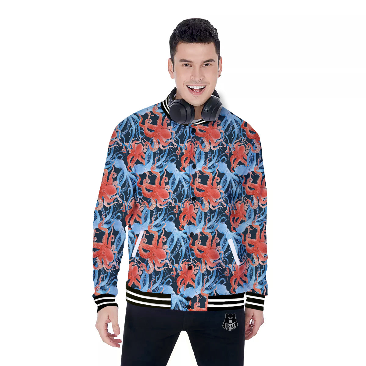 Octopus Watercolor Print Pattern Baseball Jacket-grizzshop