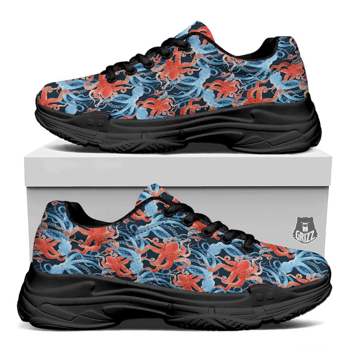 Octopus Watercolor Print Pattern Black Chunky Shoes-grizzshop