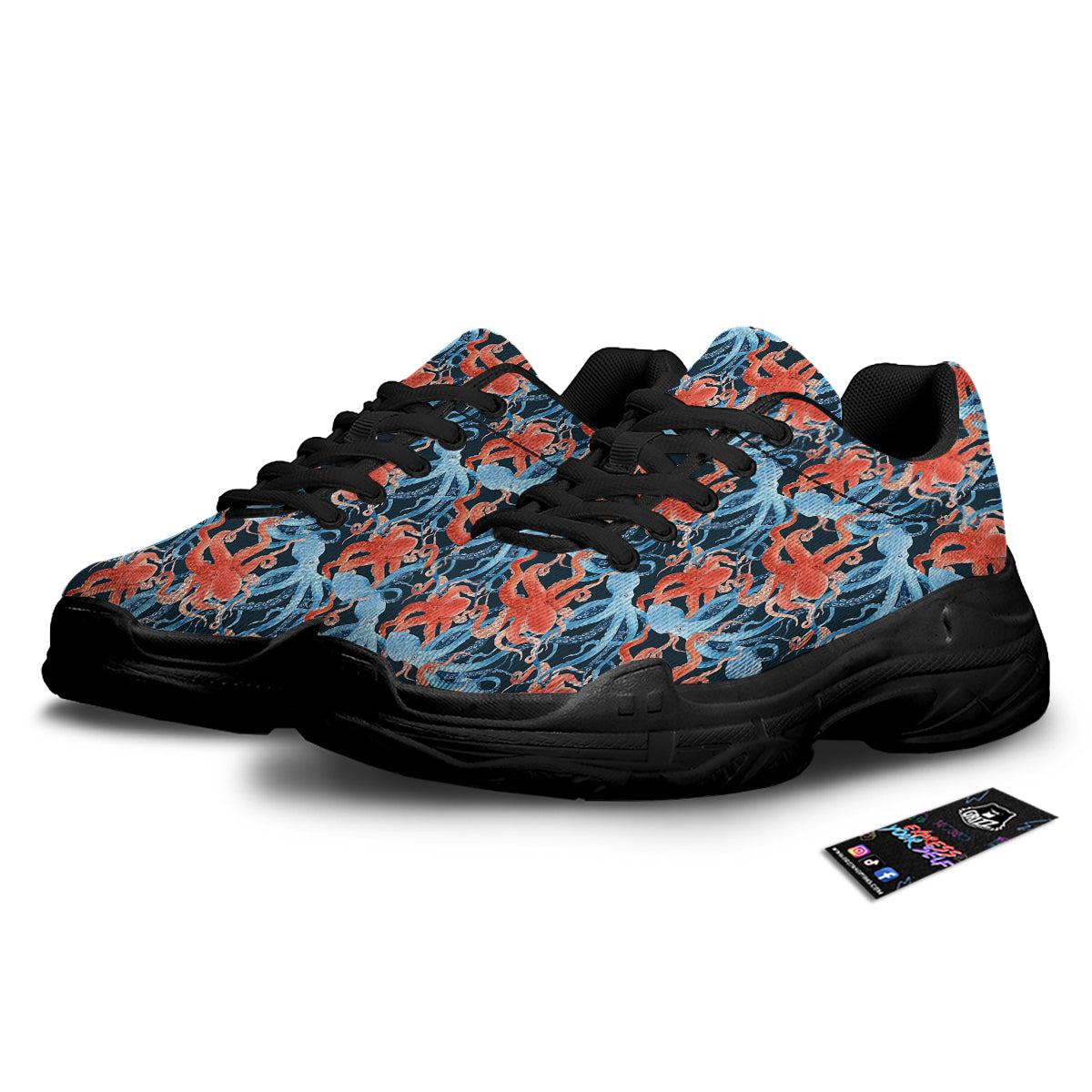 Octopus Watercolor Print Pattern Black Chunky Shoes-grizzshop
