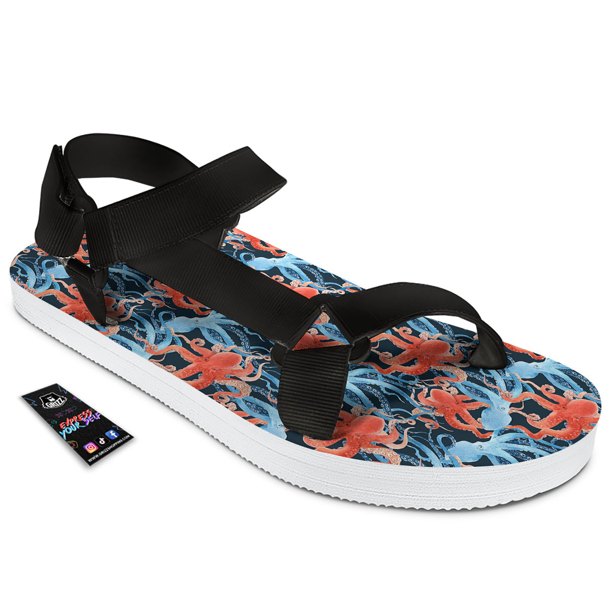 Octopus Watercolor Print Pattern Black Open Toe Sandals-grizzshop