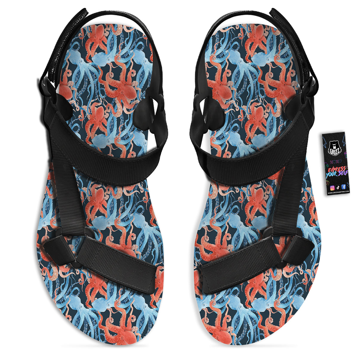 Octopus Watercolor Print Pattern Black Open Toe Sandals-grizzshop