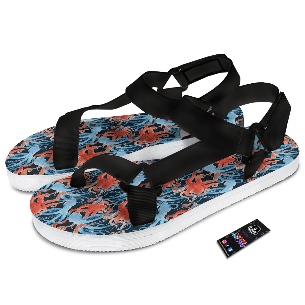 Octopus Watercolor Print Pattern Black Open Toe Sandals-grizzshop