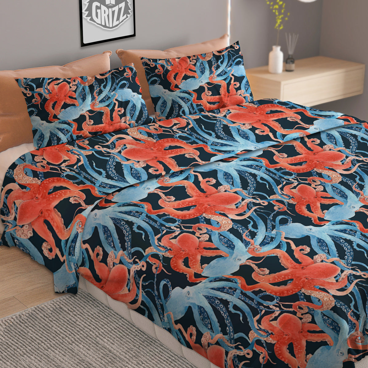Octopus Watercolor Print Pattern Duvet Cover Bedding Set