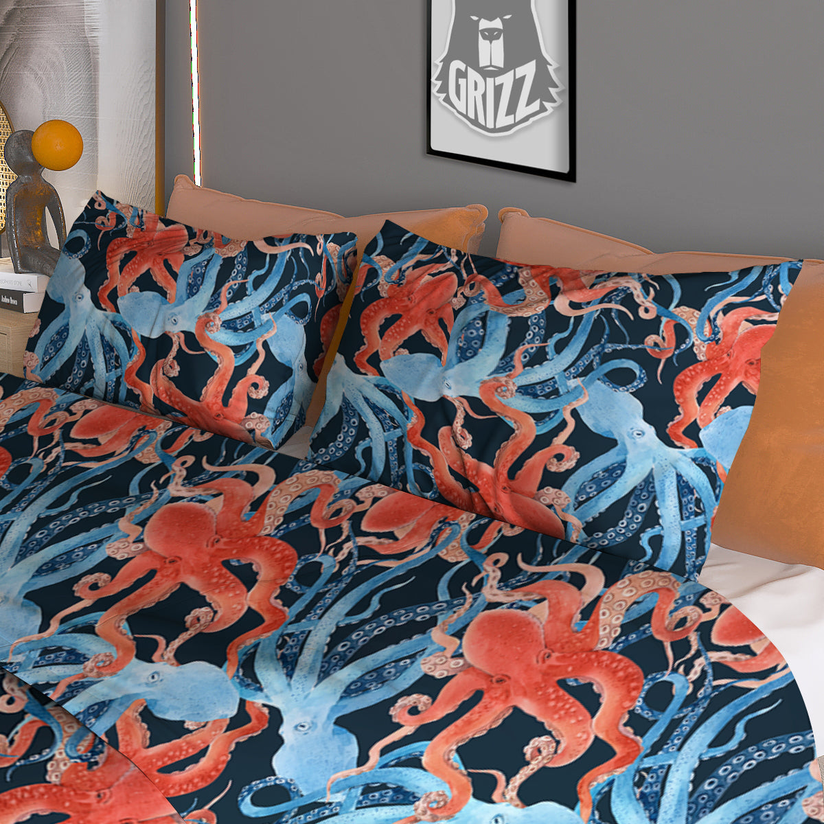 Octopus Watercolor Print Pattern Duvet Cover Bedding Set