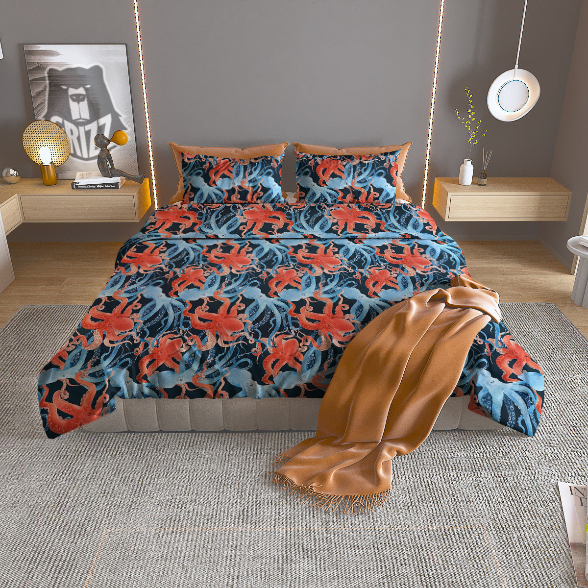 Octopus Watercolor Print Pattern Duvet Cover Bedding Set