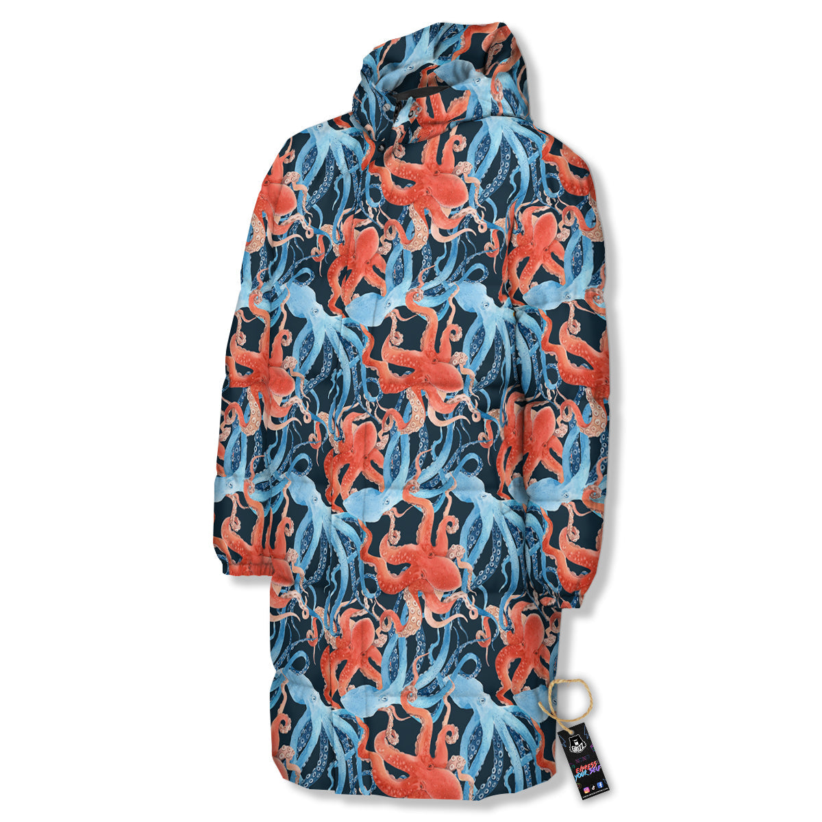 Octopus Watercolor Print Pattern Long Down Jacket-grizzshop
