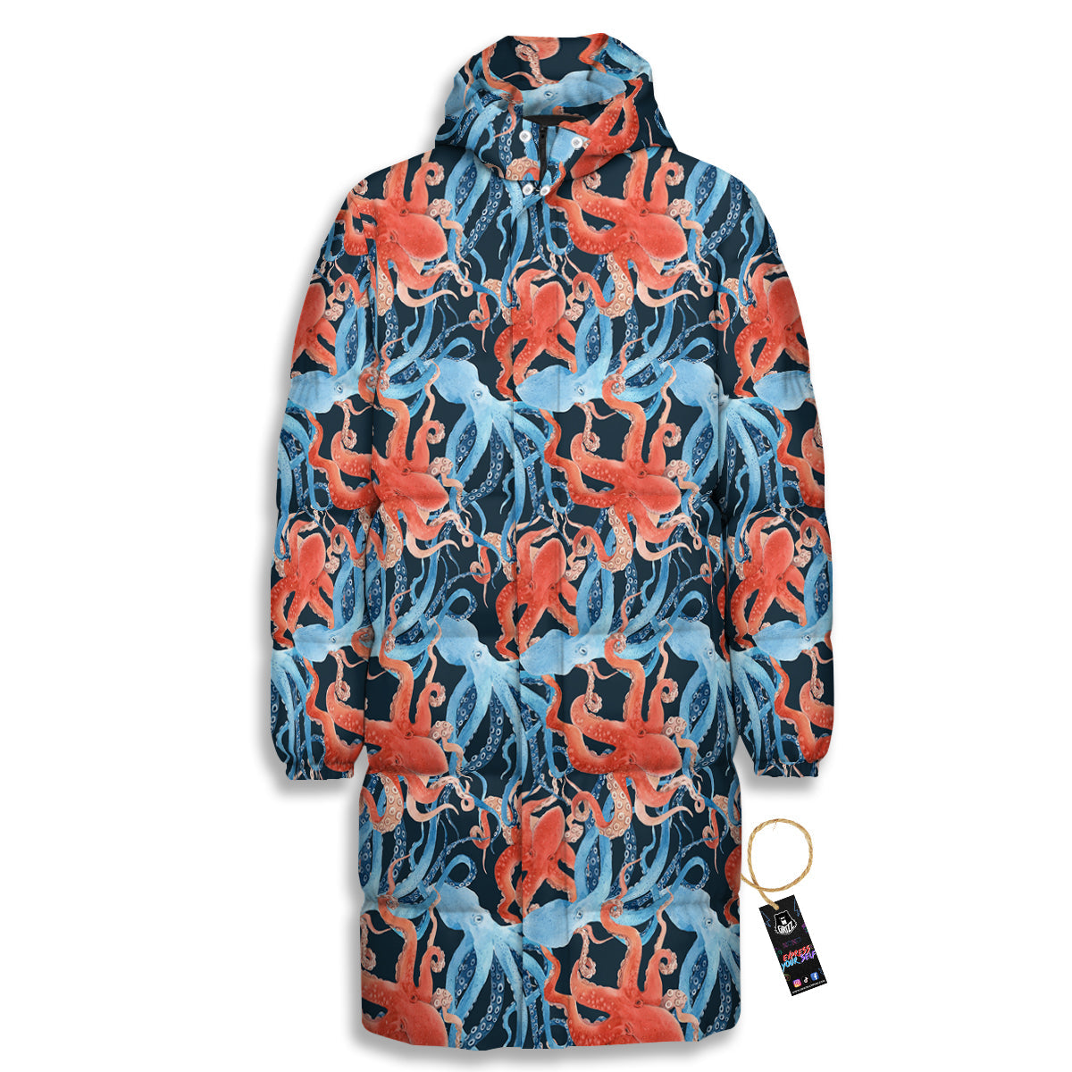 Octopus Watercolor Print Pattern Long Down Jacket-grizzshop