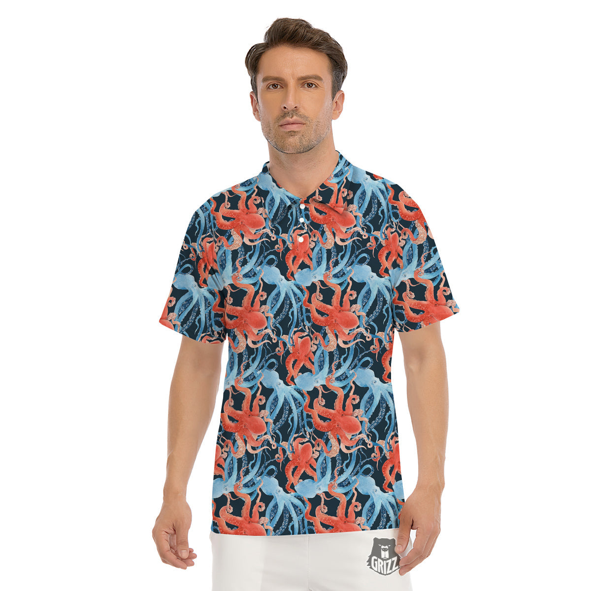 Octopus Watercolor Print Pattern Men's Golf Shirts-grizzshop