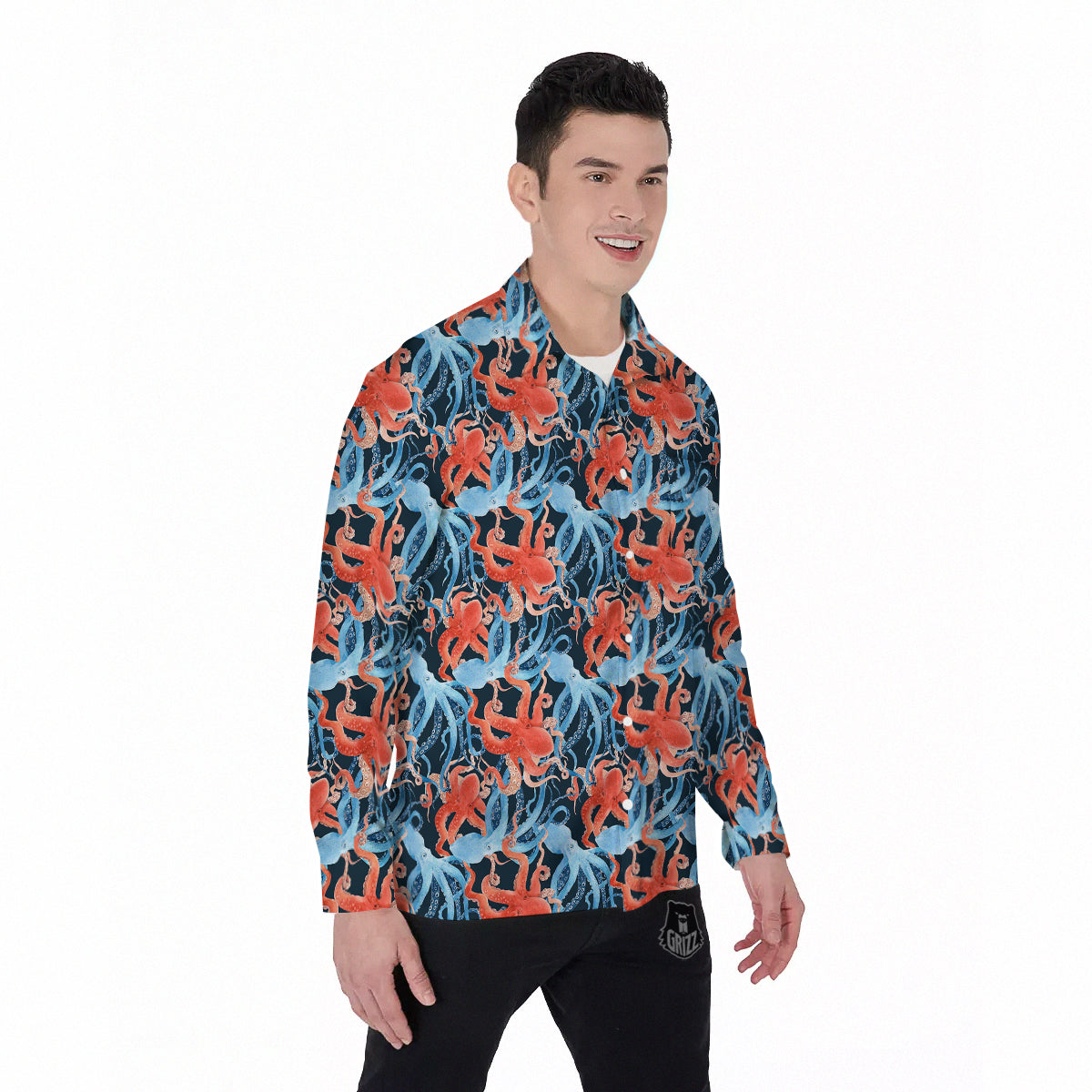 Octopus Watercolor Print Pattern Men's Long Sleeve Shirts-grizzshop