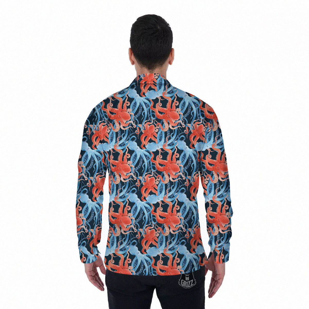 Octopus Watercolor Print Pattern Men's Long Sleeve Shirts-grizzshop