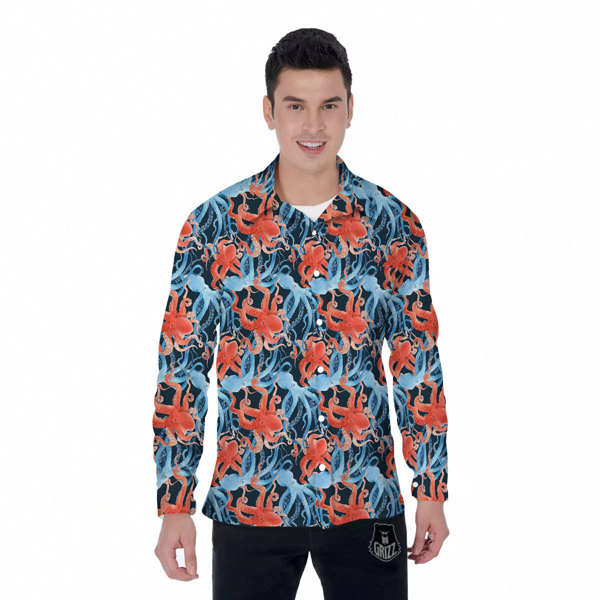 Octopus Watercolor Print Pattern Men's Long Sleeve Shirts-grizzshop