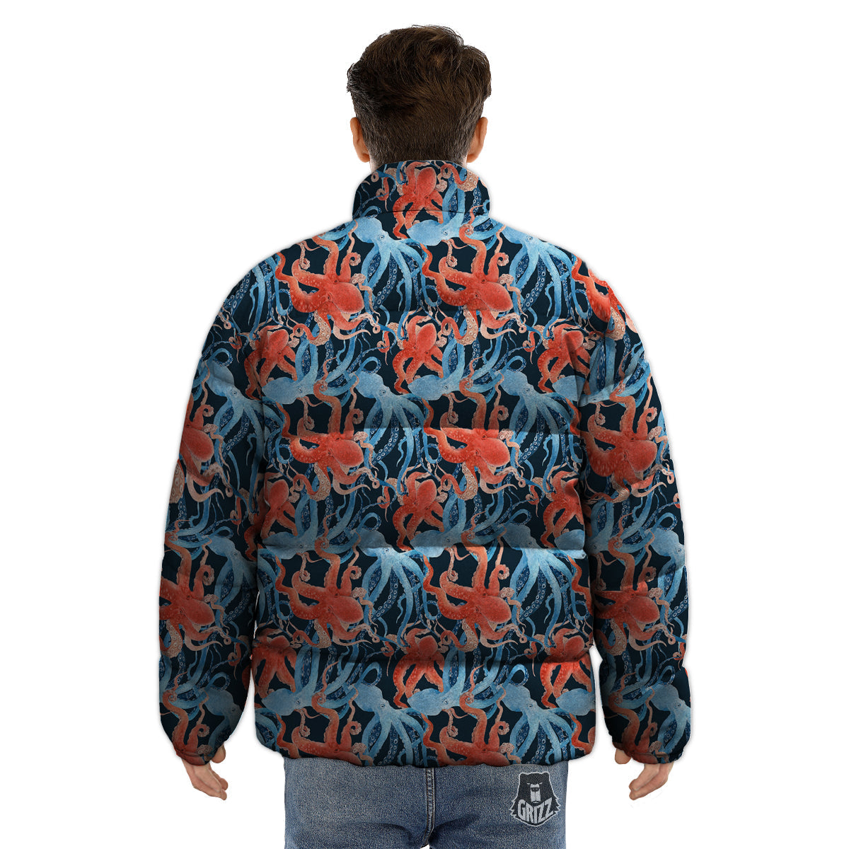 Octopus Watercolor Print Pattern Puffer Jacket-grizzshop