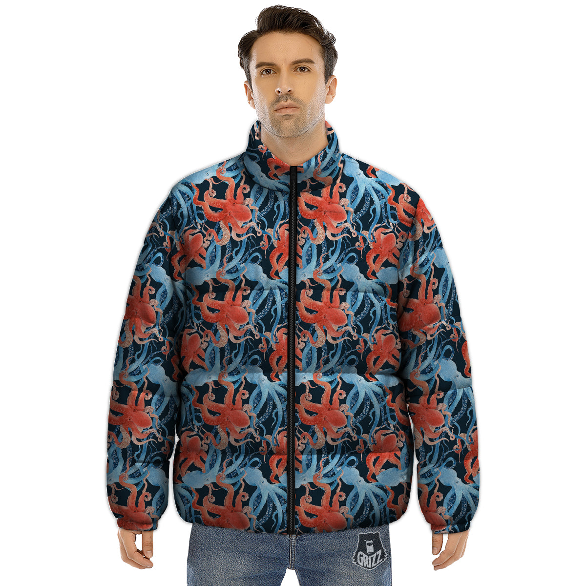 Octopus Watercolor Print Pattern Puffer Jacket-grizzshop