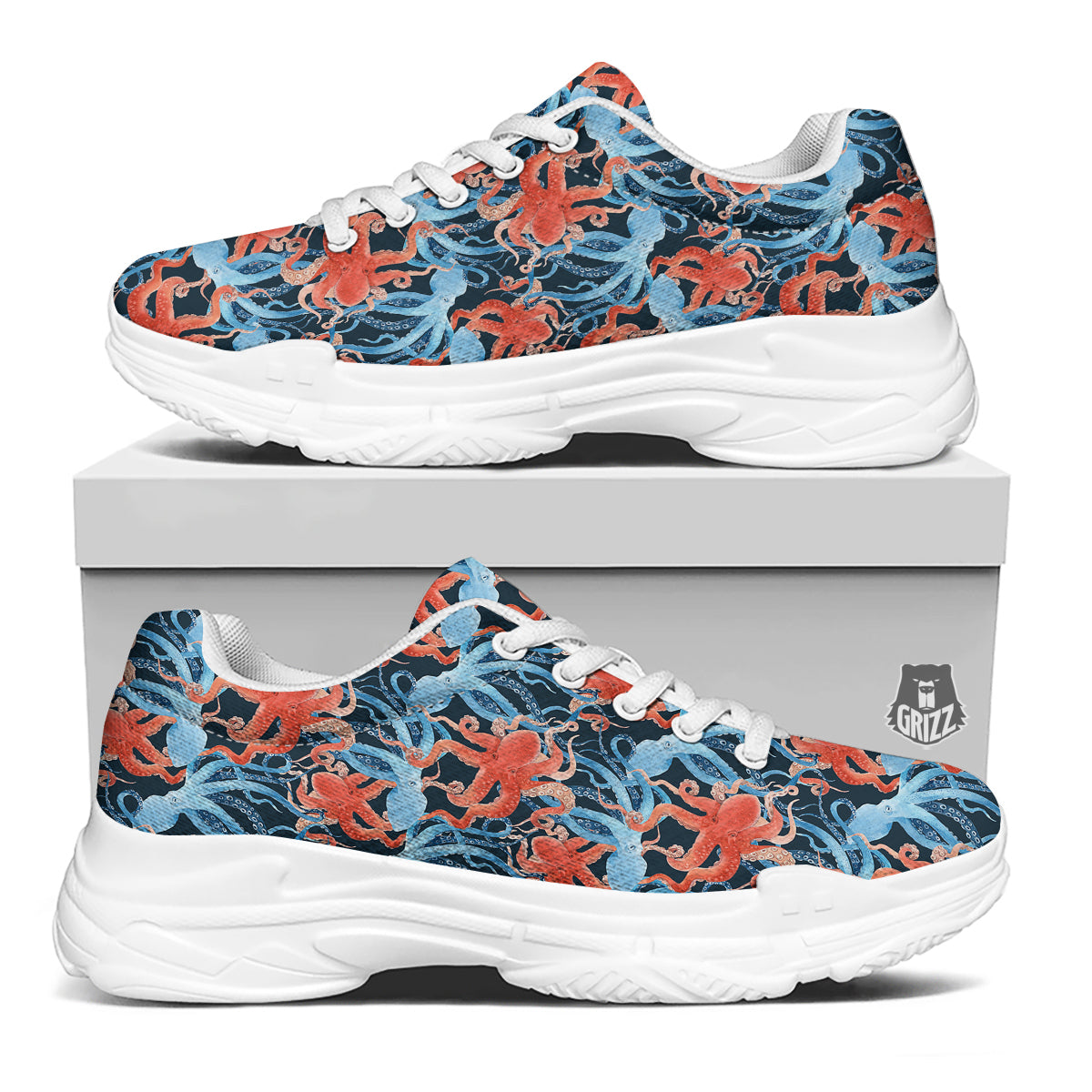 Octopus Watercolor Print Pattern White Chunky Shoes-grizzshop