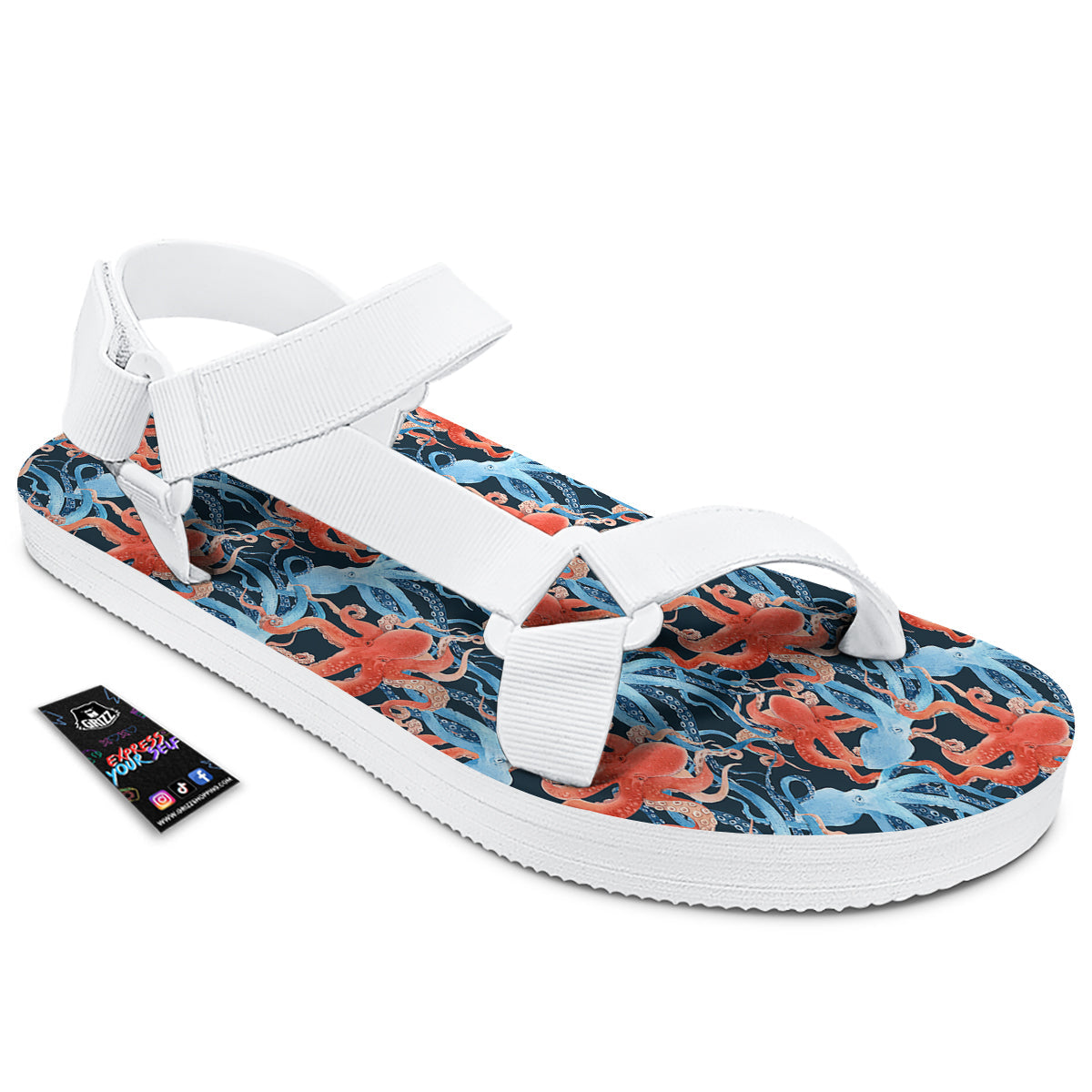 Octopus Watercolor Print Pattern White Open Toe Sandals-grizzshop
