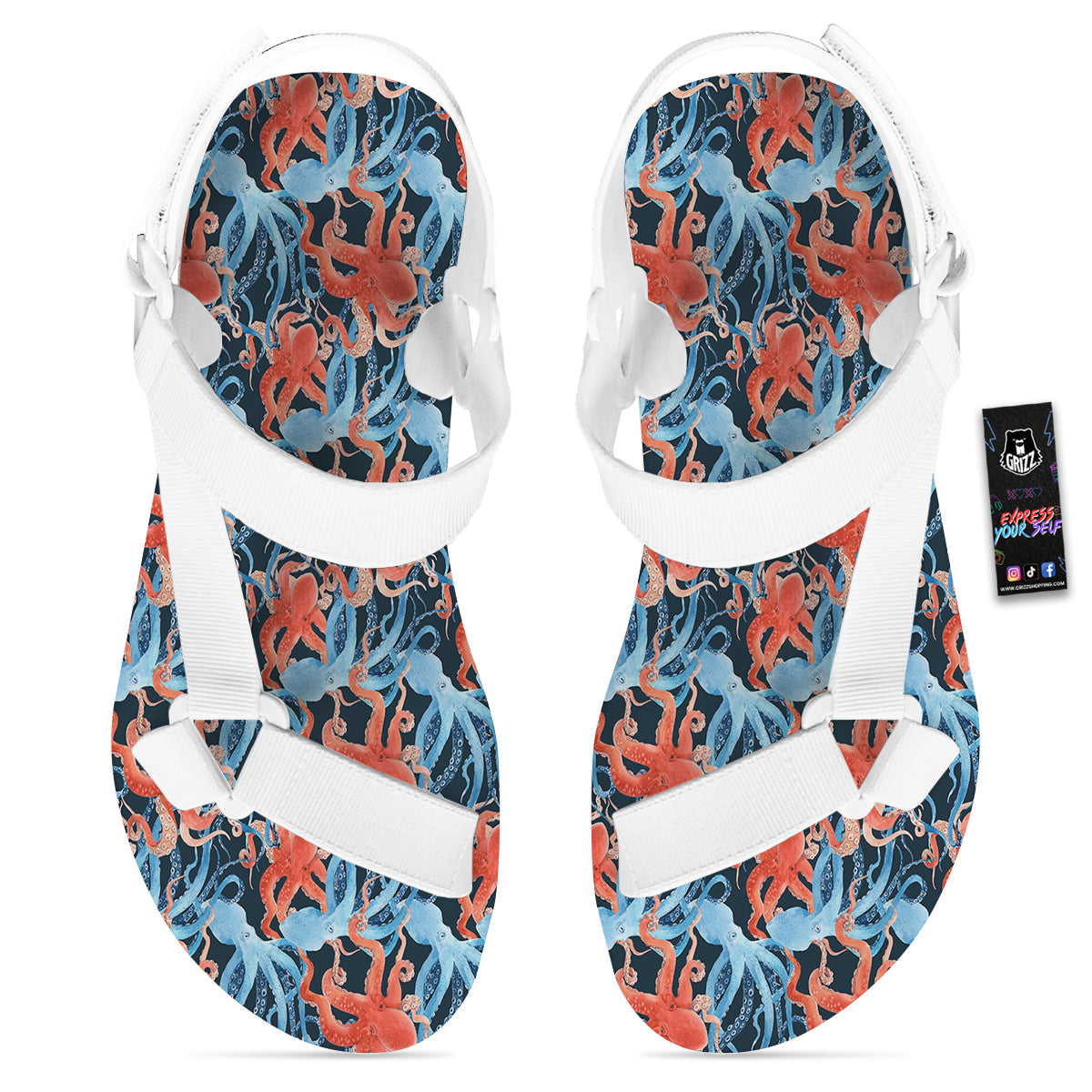 Octopus Watercolor Print Pattern White Open Toe Sandals-grizzshop