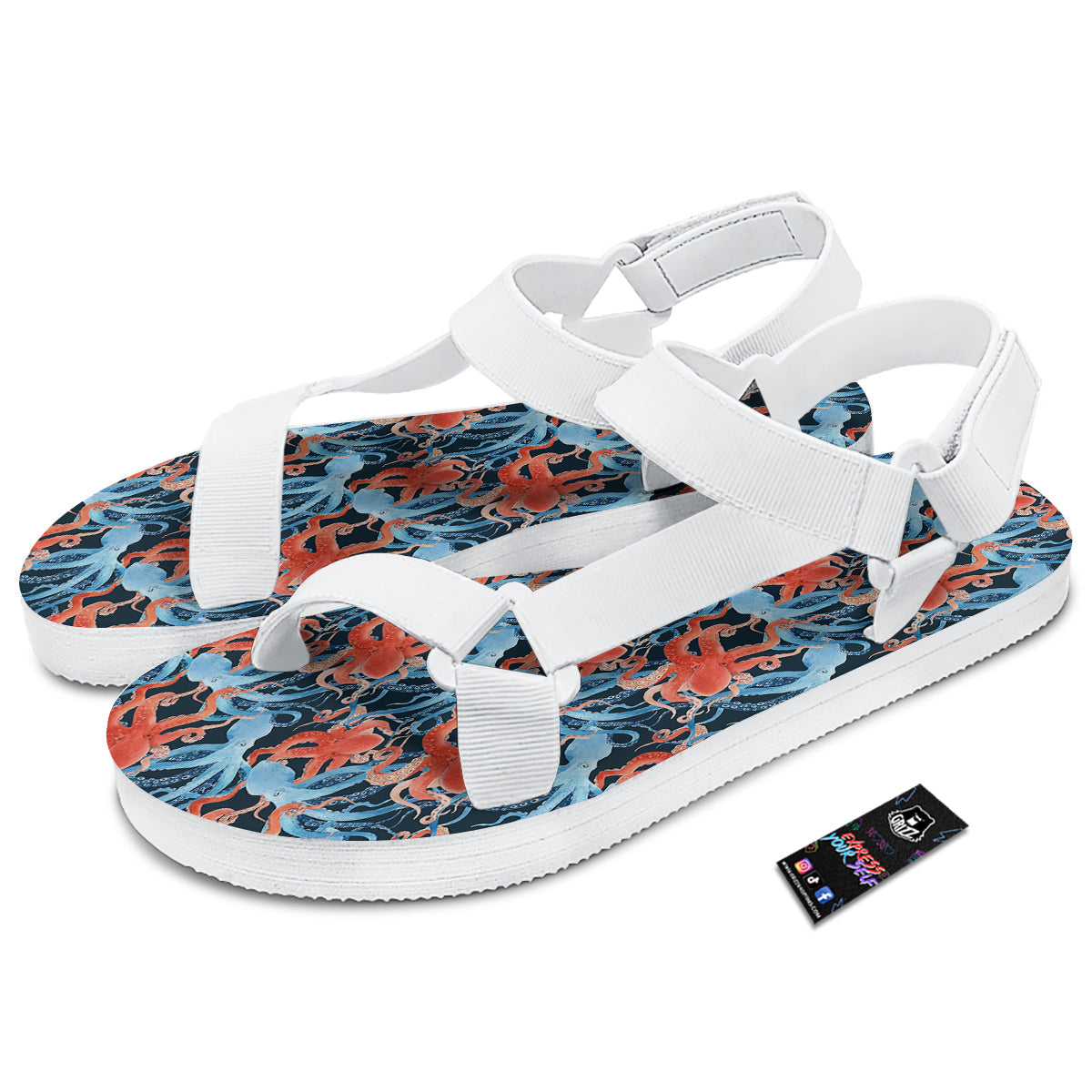 Octopus Watercolor Print Pattern White Open Toe Sandals-grizzshop