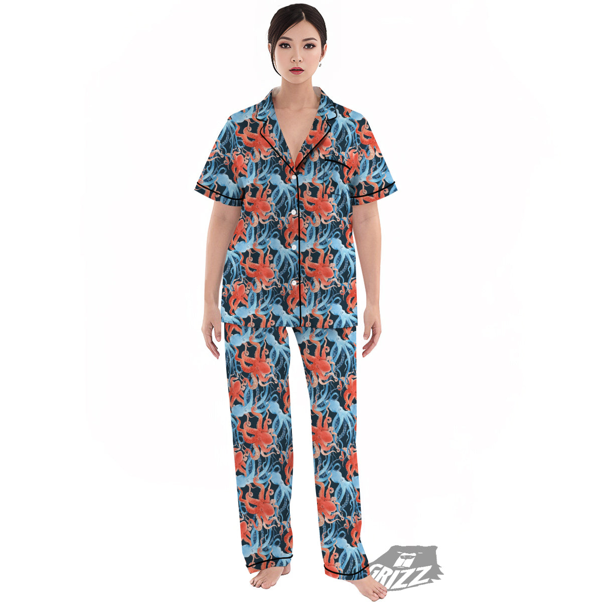 Octopus Watercolor Print Pattern Women's Pajamas Set-grizzshop