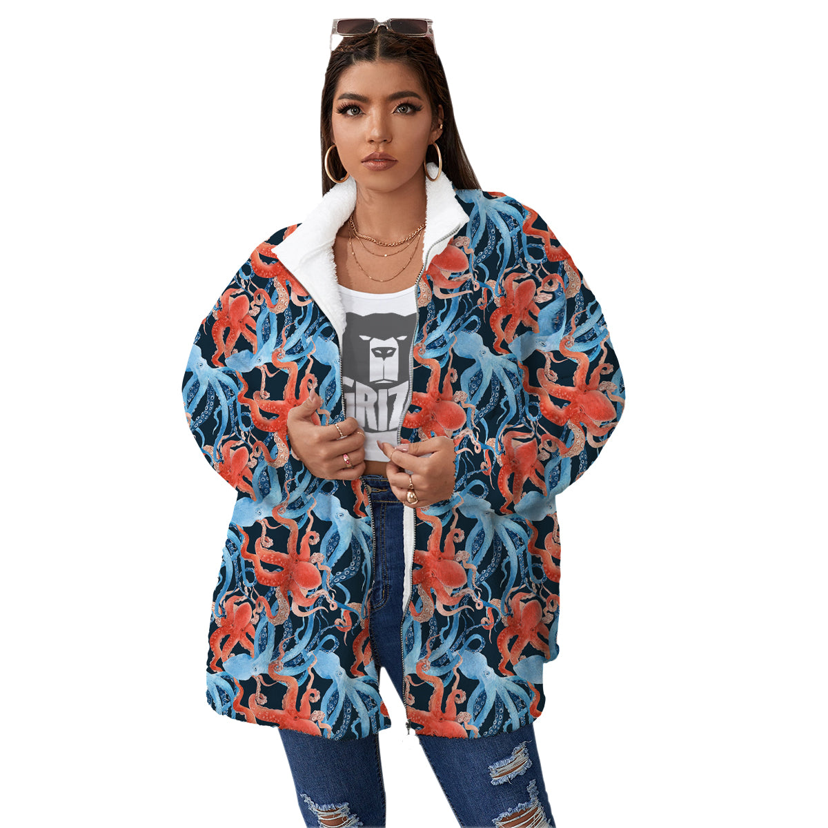 Octopus Watercolor Print Pattern Women's Sherpa Jacket-grizzshop