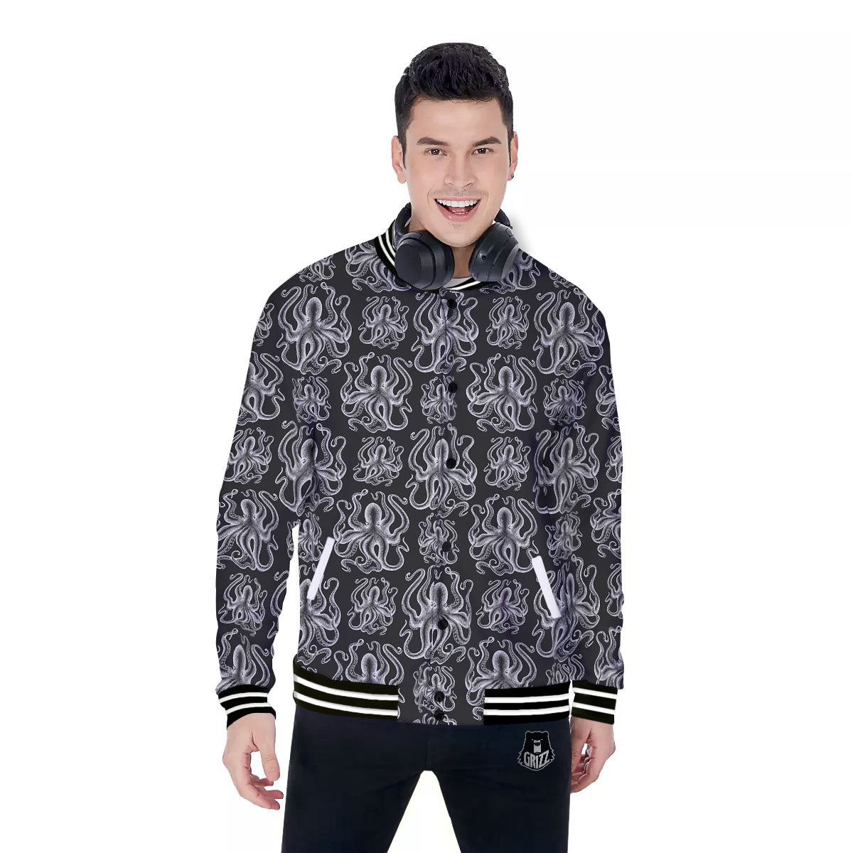 Octopus White And Black Print Pattern Baseball Jacket-grizzshop