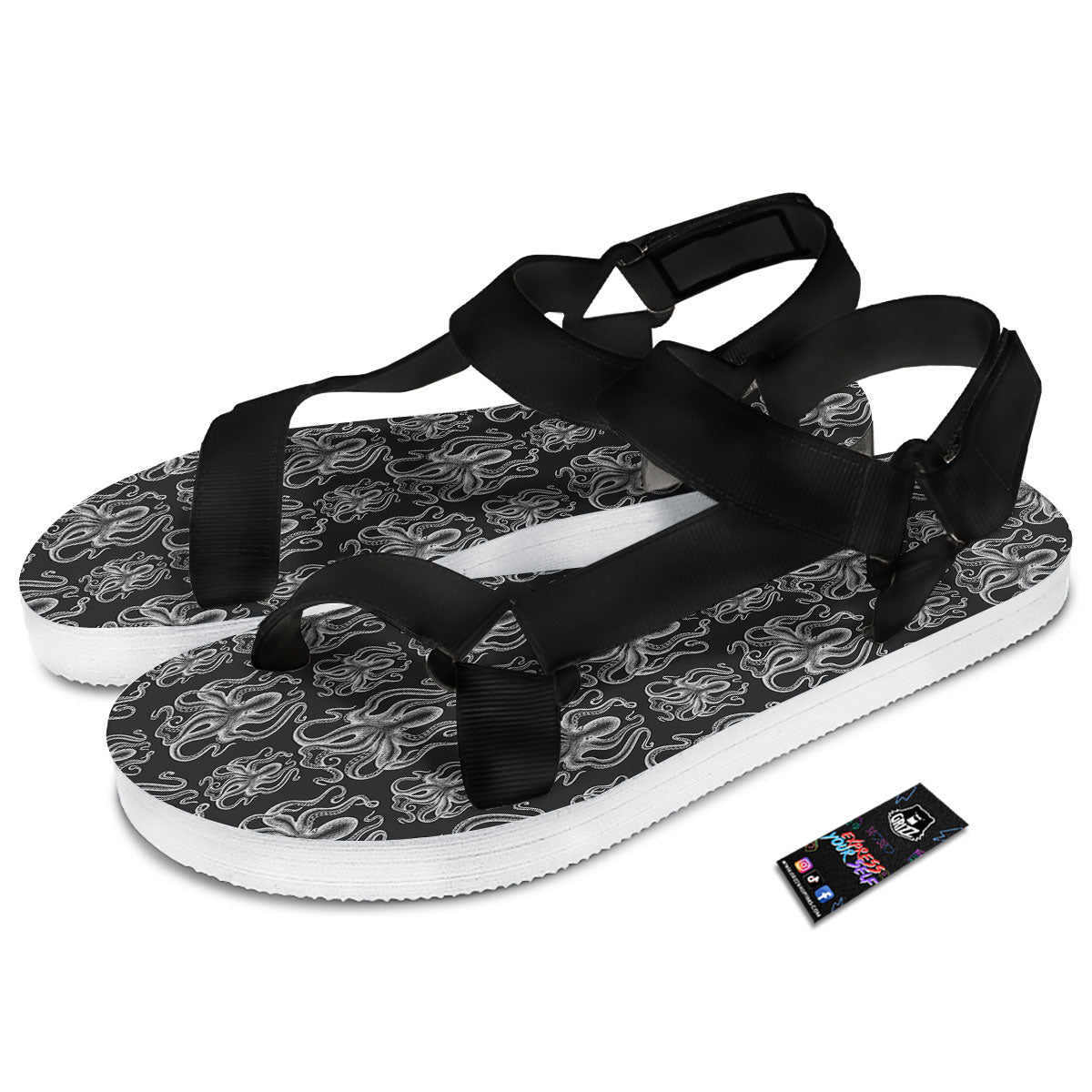 Octopus White And Black Print Pattern Black Open Toe Sandals-grizzshop