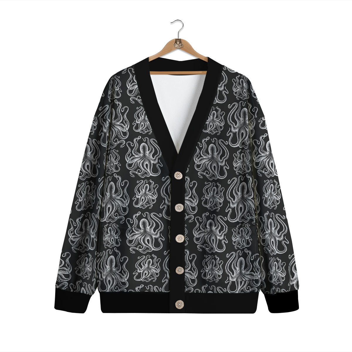 Octopus White And Black Print Pattern Cardigan-grizzshop