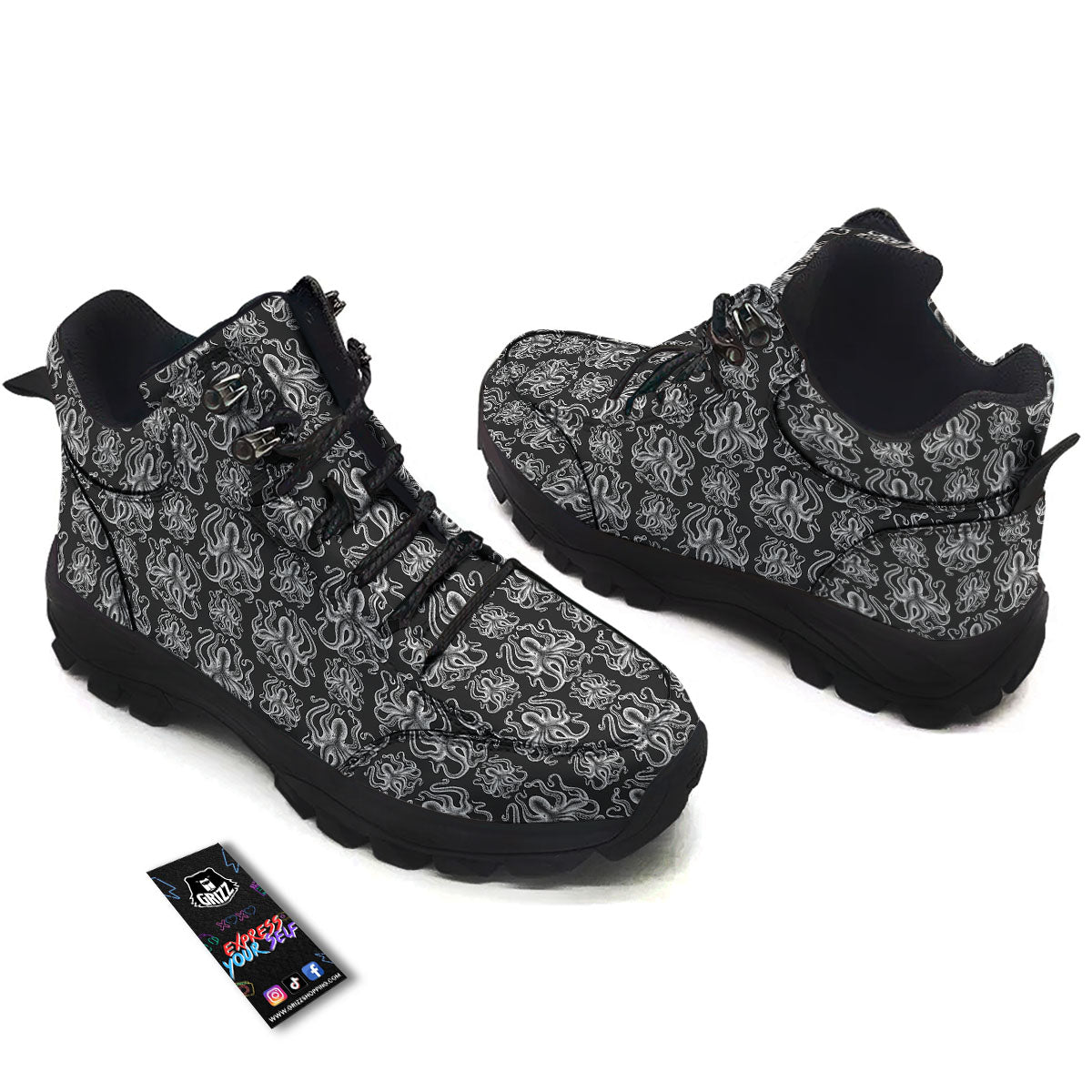 Octopus White And Black Print Pattern Hiking Shoes-grizzshop