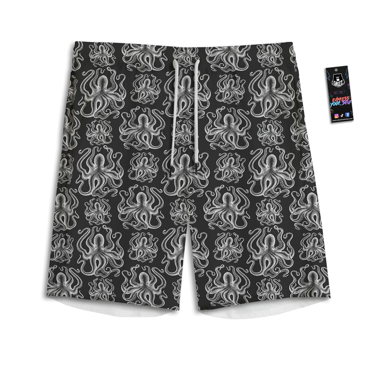 Octopus White And Black Print Pattern Men's Athletic Shorts