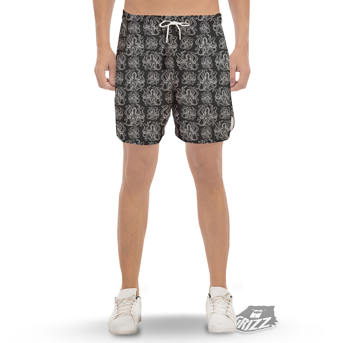 Octopus White And Black Print Pattern Men's Gym Shorts-grizzshop