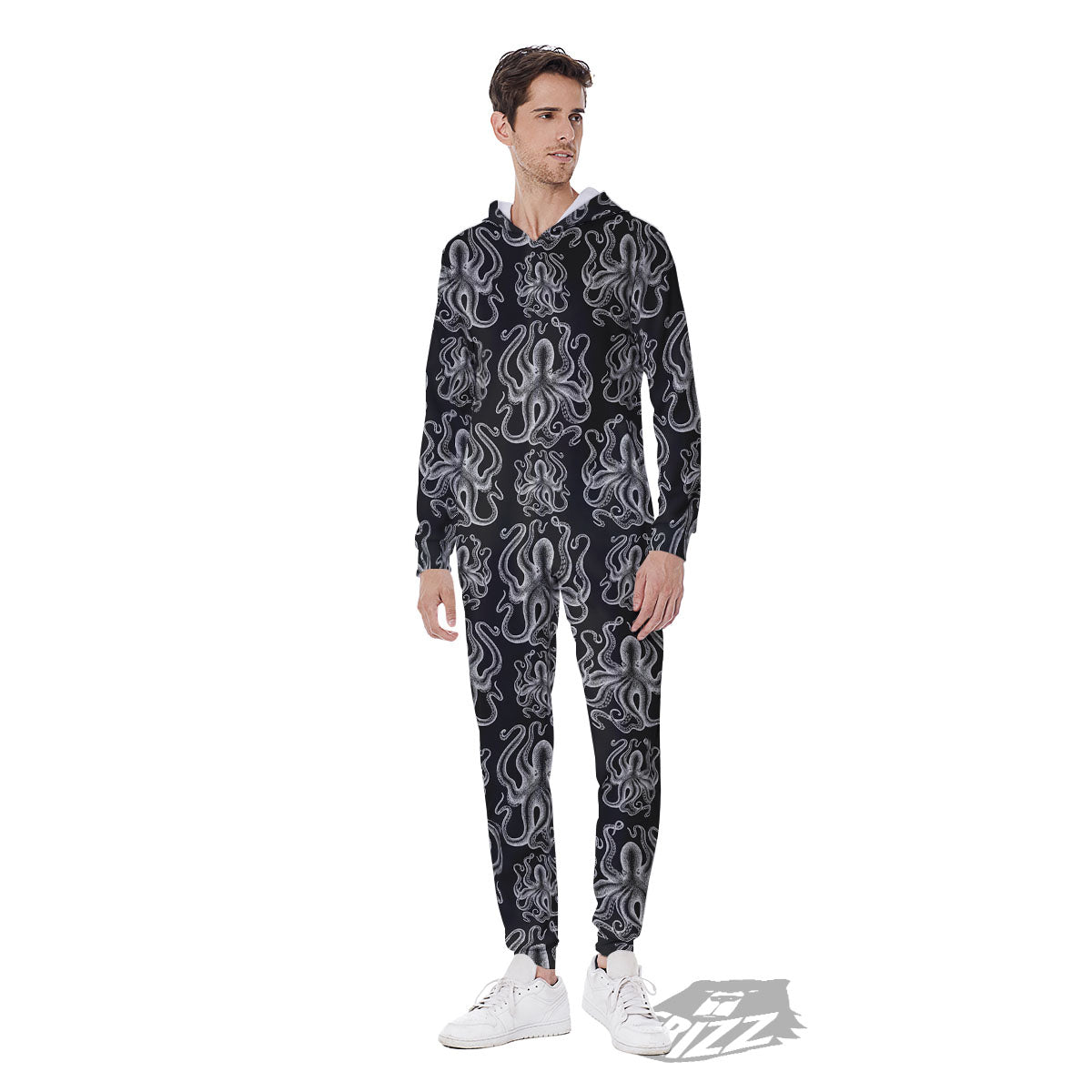 Octopus White And Black Print Pattern Men's Jumpsuit-grizzshop