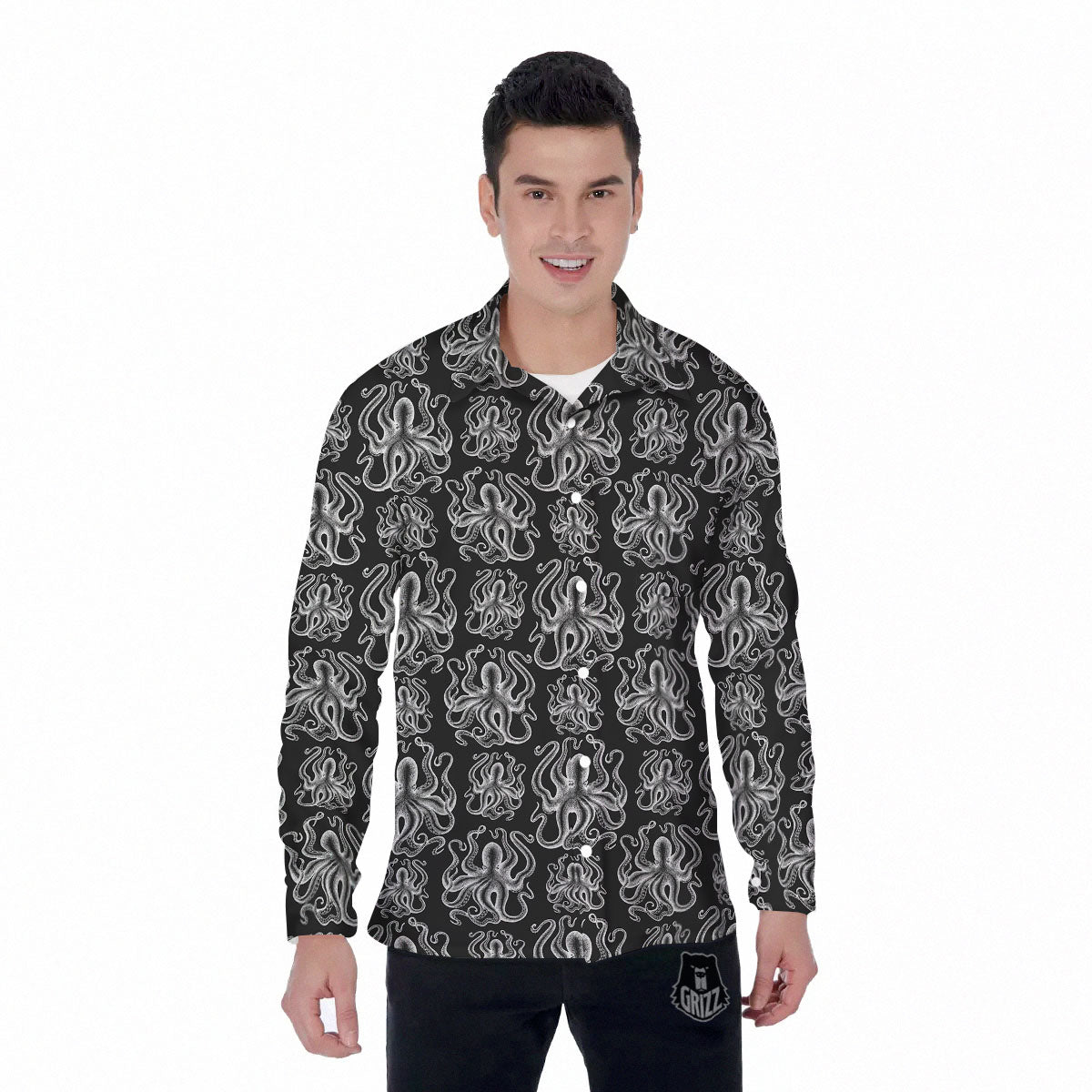 Octopus White And Black Print Pattern Men's Long Sleeve Shirts-grizzshop