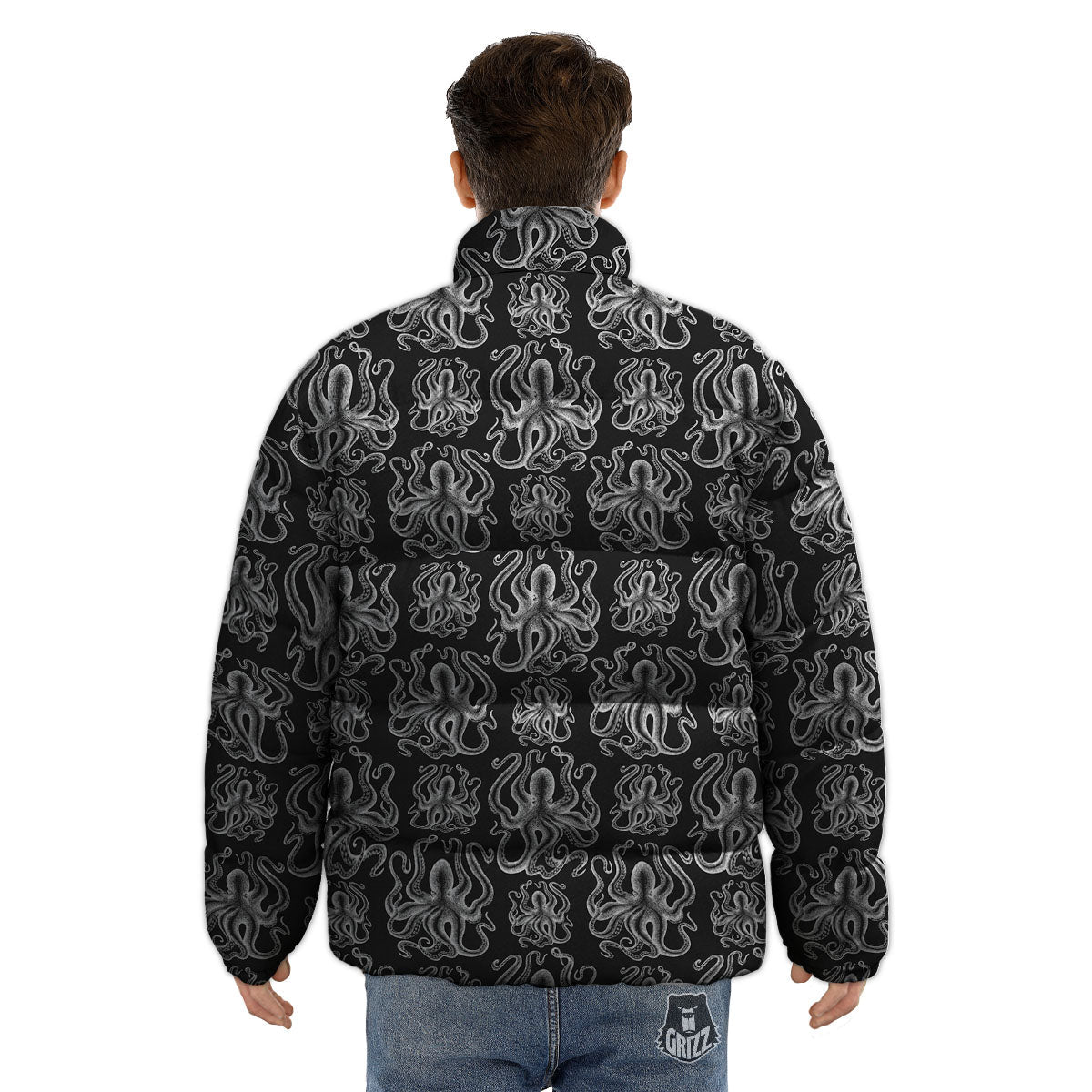 Octopus White And Black Print Pattern Puffer Jacket-grizzshop