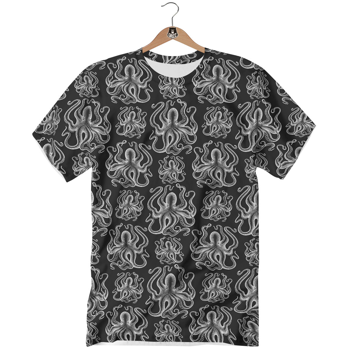 Octopus White And Black Print Pattern T-Shirt-grizzshop