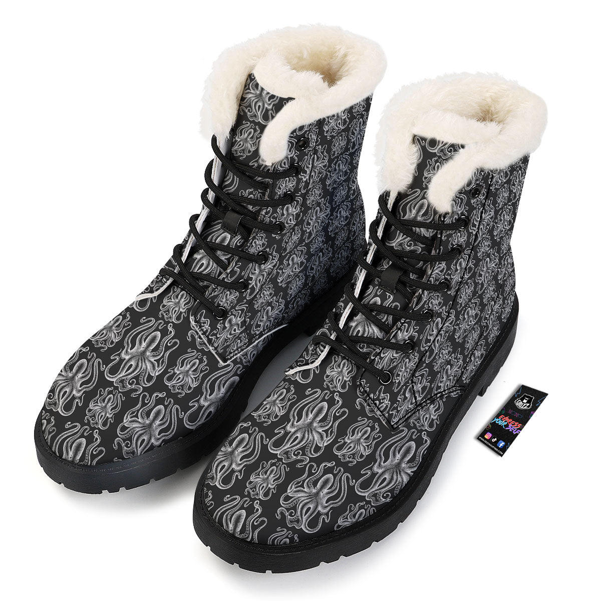 Octopus White And Black Print Pattern Winter Boots-grizzshop